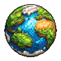 Fototapeta premium Pixel Art Earth Globe Illustration with Continents and Oceans Isolated on White Background