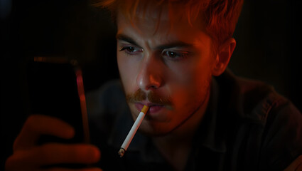 Obraz premium Young Man Smoking Cigarette While Using Smartphone at Night Low Light Portrait
