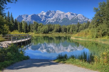 Tranquil mountain lake reflected in calm water