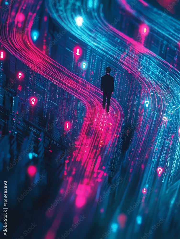 Aufkleber pathways: a journey through the network - an abstract visual symbolizing internet navigation, data f