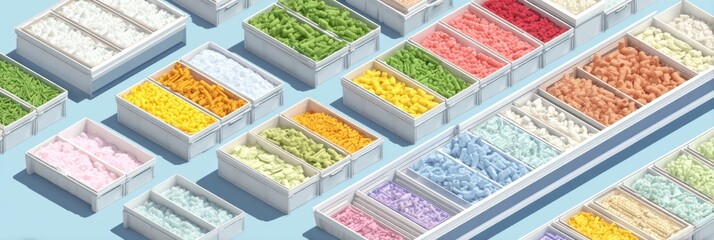 Exploring Frozen Food Categories in an Isometric Infographic With Labeled Bins Showcasing Diverse Options and Vibrant Colors