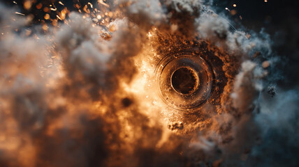 High-speed bullet flying through intense flames and smoke creating dramatic explosive motion blur effects