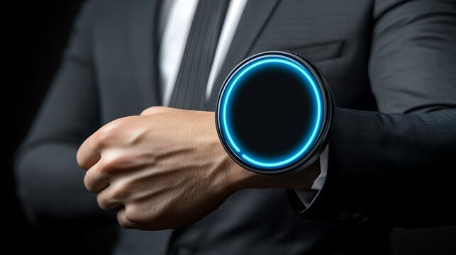 Executive displaying advanced futuristic smartwatch technology capabilities