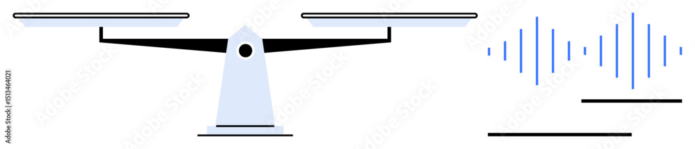 Poster classic balance scale with horizontal plates beside soundwave patterns denoting comparisons, equalit
