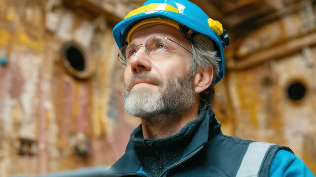 Focused Middle-Aged Industrial Worker Wearing Hard Hat and Glasses Inspecting Interior of Ship Under Construction or Repair, Looking Upward