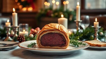 Beef Wellington centerpiece on a festive dining table with candles and greenery, soft ambient light, winter holiday aesthetic, perfect golden crust, dramatic shadows