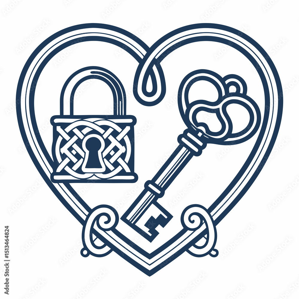 Poster design a bold, vector logo featuring a lock and key intertwined, emphasizing strong lines and a mode