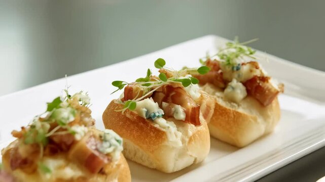 Baguette slices topped with bacon, blue cheese, and microgreens sit on a white rectangular serving platter, a gourmet appetizer.