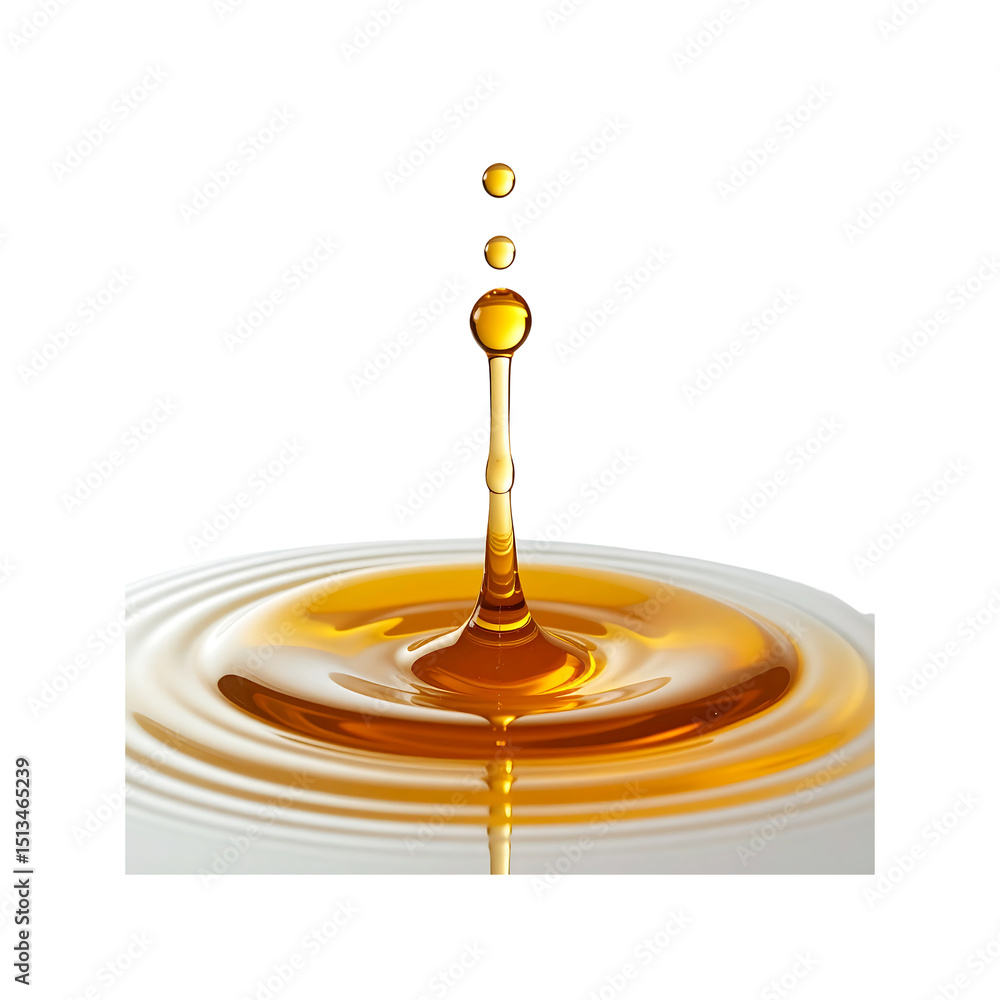 Poster golden liquid drop falling creating ripples abstract on transparent background