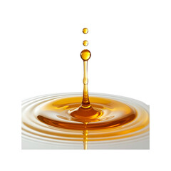 Golden liquid drop falling creating ripples abstract on transparent background