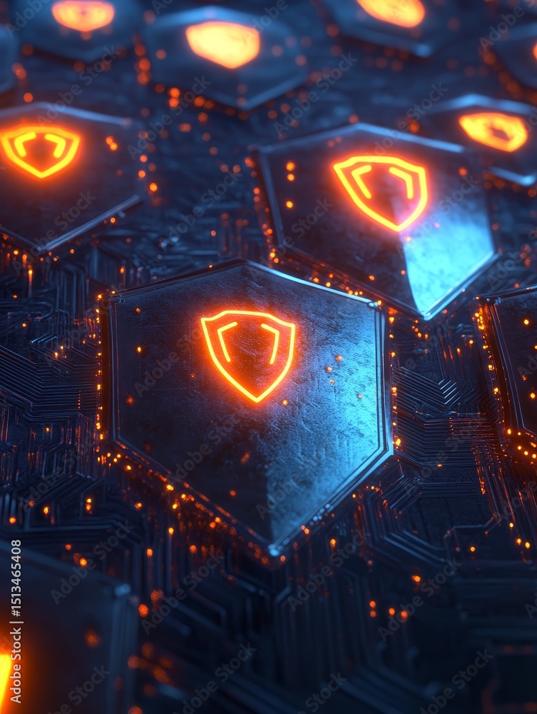 Poster shield network security - abstract of glowing orange shields on a dark blue circuit board, represent