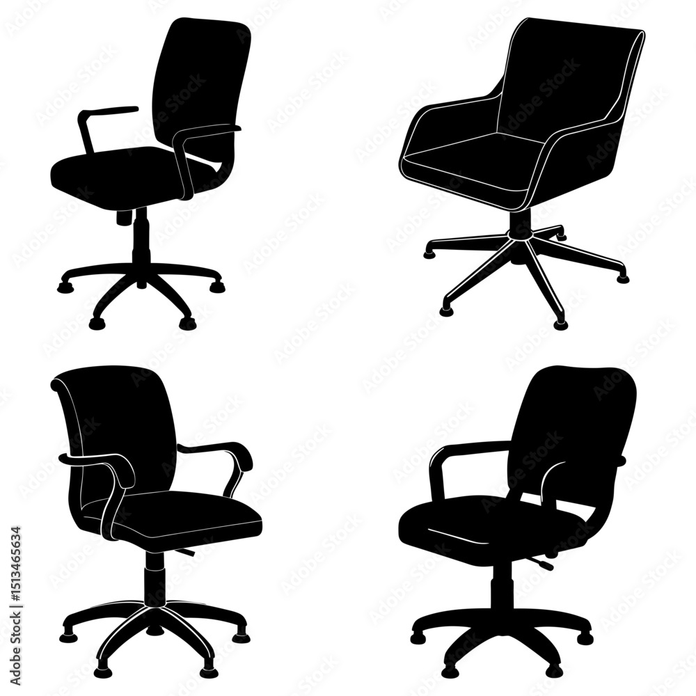 Poster four office chairs in black silhouette arranged in a grid pattern on a white background image view