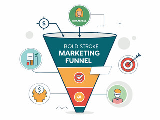 Design a bold, vector illustration of a marketing funnel with clearly defined stages.  Use a striking color palette and thick strokes for a strong visual impact.