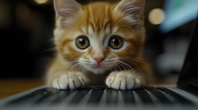 23h A fluffy, overweight orange and white kitten sitting at a huge executive desk in a high-end office