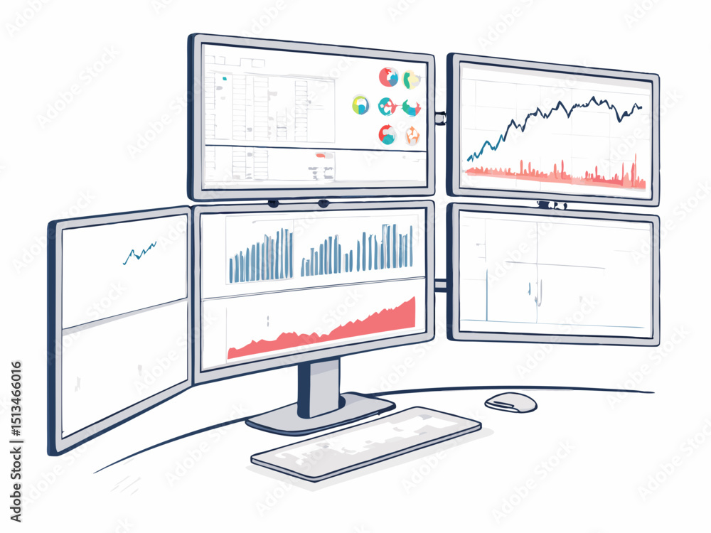 Poster design a bold, vector illustration of a multi-monitor trading setup. emphasize clean lines and stron