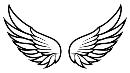 Obraz premium Outline drawing of two symmetrical angel wings vector, silhouette, illustration, horizontal, isolated assets, on transparent background