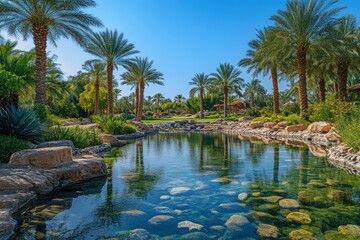 Obraz premium Tranquil oasis with palm trees and a calm pool