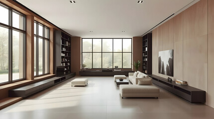 Modern contemporary living room and office interior design with comfortable furniture, wooden floor, and large window
