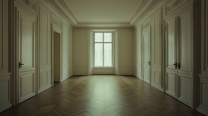 Obraz premium Empty room with ornate white walls and herringbone wood flooring.