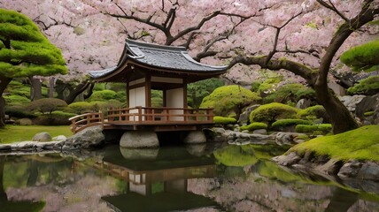 Fototapeta premium A tranquil Japanese garden featuring a pavilion and cherry blossom trees