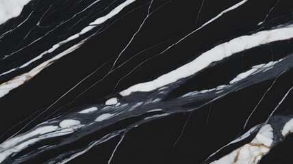 Full-frame 2D slab of Negro Marquina with embedded Carrara grey mist veins.