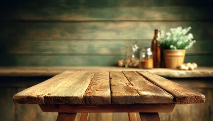 Rustic Wooden Table Top with Bokeh Background