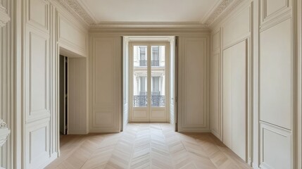 Obraz premium Spacious room with decorative paneling and hardwood floors.