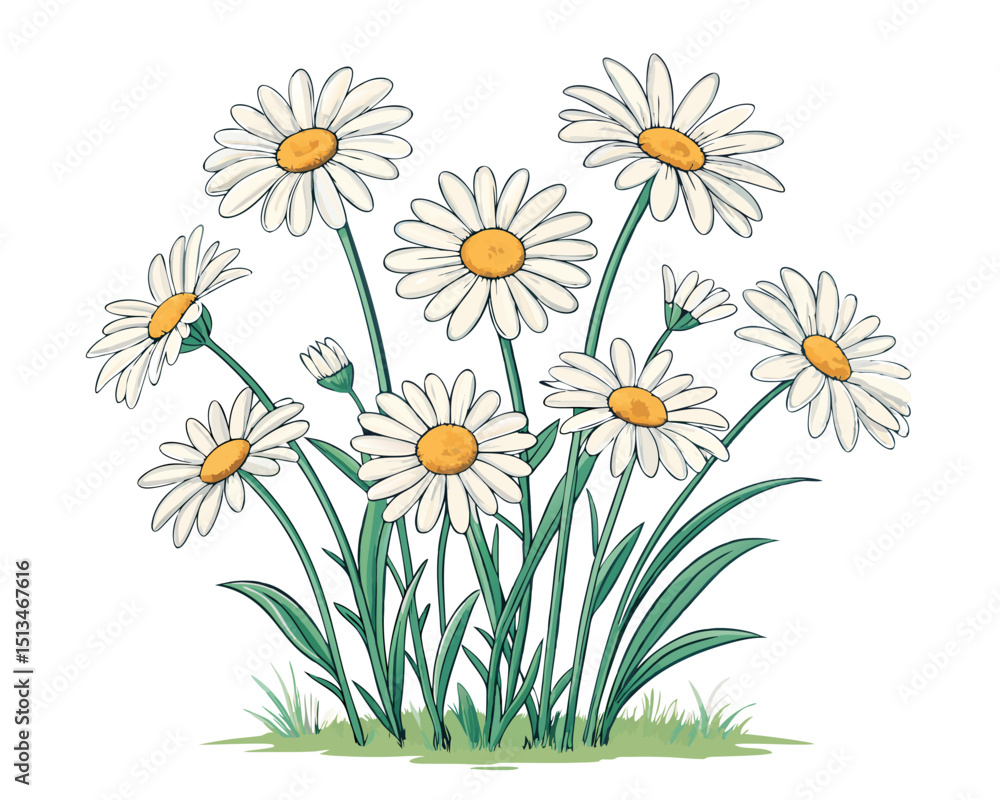 Poster create a bold vector illustration of a dense cluster of wild daisies, emphasizing thick, defined str