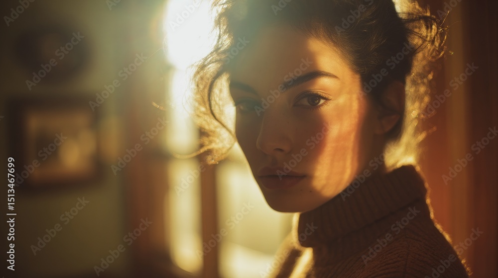 Poster a young woman gazes thoughtfully with gentle light illuminating her features through a window. her r