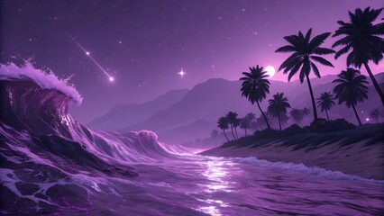 A vibrant purple beach scene with crashing waves palm trees and a shooting star in the night sky