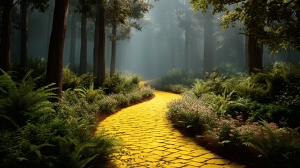 Yellow Brick Road Through a Misty Forest