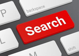Fototapeta premium Close Up Search Button on Laptop or Computer Keyboard for Internet Browsing, Data Lookup, Web Navigation, and 3D Technology Interface Illustration