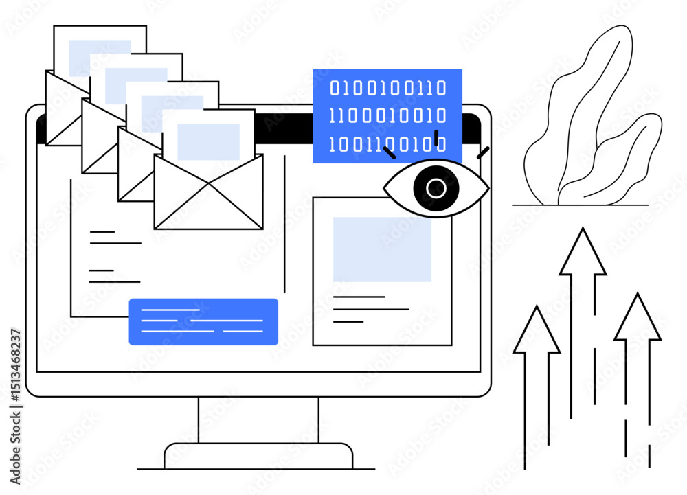 Poster computer screen with emails, binary code, eye visualization, growth arrows, and abstract plant. idea