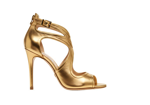 Gold Metallic Leather Sandals High Heels Peep Toe Strappy Summer Shoes isolated on transparent background