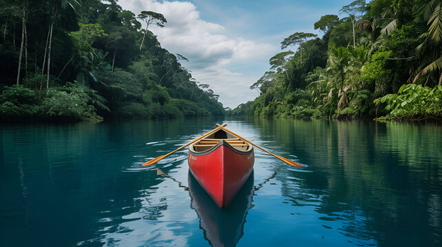 Atop a calm blue river, a narrow red canoe floats amidst lush tropical rainforest, creating a symmetrical balance. Gentle ripples trail behind, evoking a serene, natural exploration through a jungle r