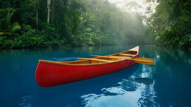 Atop a calm blue river, a narrow red canoe floats amidst lush tropical rainforest, creating a symmetrical balance. Gentle ripples trail behind, evoking a serene, natural exploration through a jungle r - Powered by Adobe