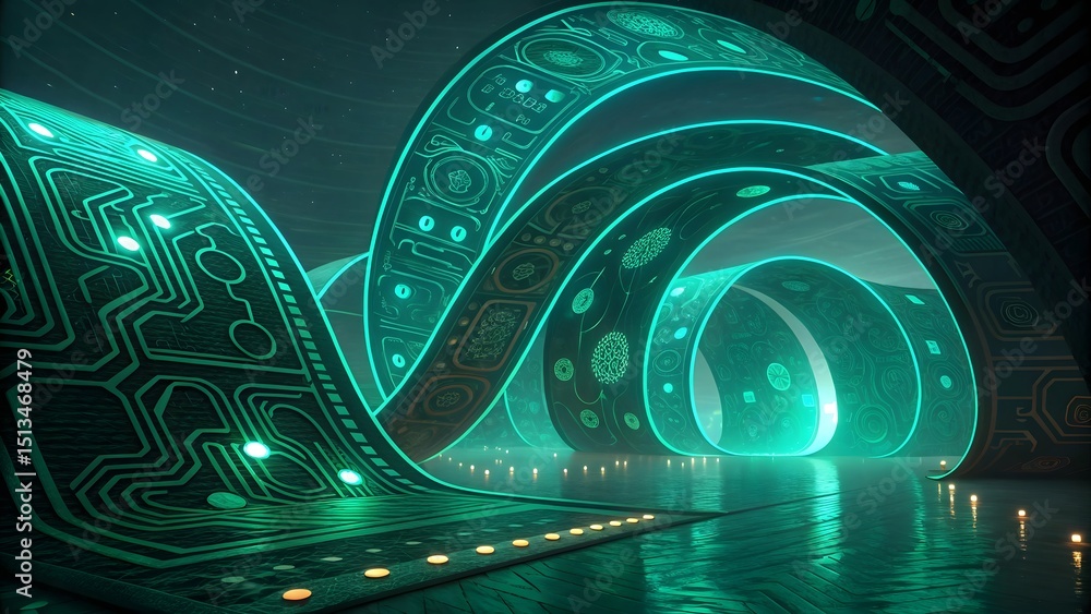 Poster illuminated futuristic structure with circuit patterns and glowing lights in a dark environment