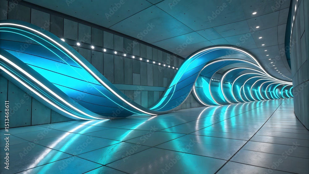 Poster illuminated futuristic tunnel with blue wave and tiled floor creating a modern abstract design