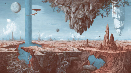 visual essay on symbolic mindscapes | spiritual distortion | lucid paranoia | burnt sienna and cyan | symbolic verticality | levitating objects | precision surreal anatomy | microscopic detailing |