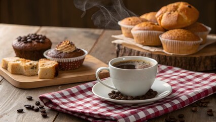 Still life of coffee, muffins, and cake on a wooden table with red checkered cloth