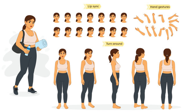 Young Yoga Female Character Constructor. Casual Female Character Creator Kit. A Yoga Woman Character Model Sheet with Lip Sync, Turnaround, Poses & Hand Gestures.
