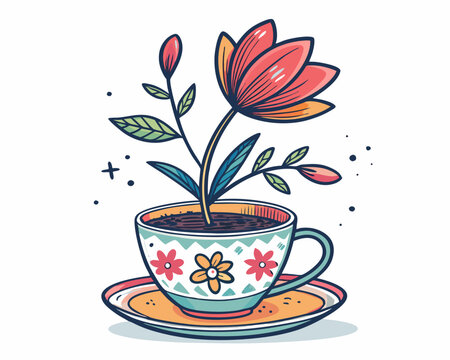 flower growing in teacup, colorful, whimsical style clip art preview