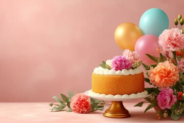 Birthday Cake with Balloons and Flowers