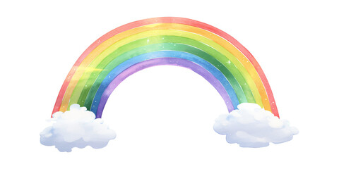 Watercolor rainbow arching with fluffy clouds on transparent background. Colorful magic sky concept for sticker and children book.