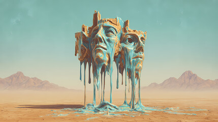 book art for dream interpretation | self-aware illusion | symbolic dread | burnt sienna and cyan | recursive frame composition | distorted faces | dripping time deformation | melting form modeling |