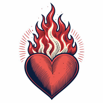 Create a vector illustration of a bold, fiery heart with intensely thick strokes.  The flames should be detailed and realistic.