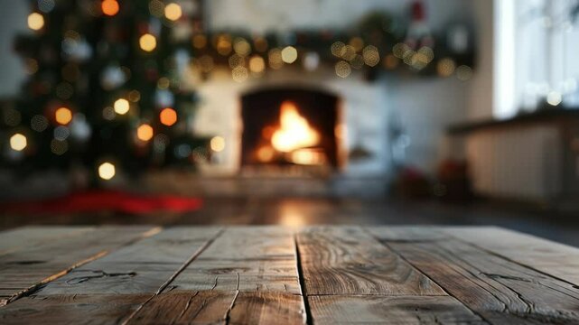 Cozy Holiday Scene: Rustic wooden table foreground, blurred Christmas tree and fireplace backdrop, warm festive ambiance.
