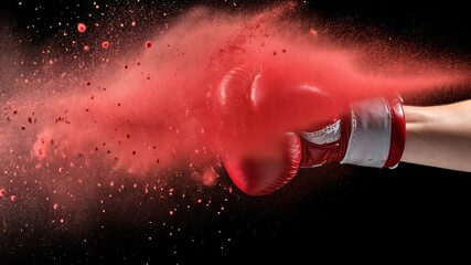 Red boxing glove striking with powder burst in action sport fitness and power on black background - Powered by Adobe