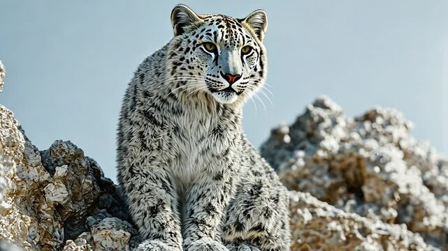 Majestic snow leopard perched on rocky outcrop