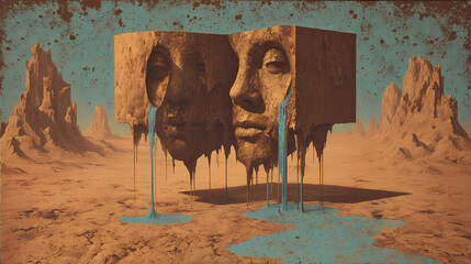 book art for dream interpretation | self-aware illusion | symbolic dread | burnt sienna and cyan | recursive frame composition | distorted faces | dripping time deformation | melting form modeling |
